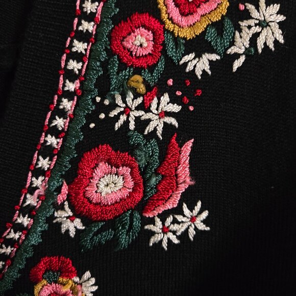 Carole Little Black Floral Embroidered V Neck Knit Button Detail Sweater Size S - Picture 4 of 6